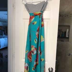 Maxi dress with teal floral bottom with a stretch